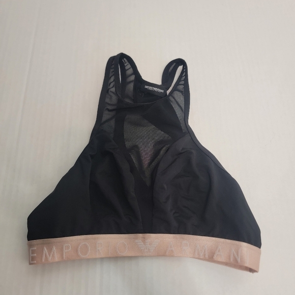 Emporio Armani Sport Bra Small Mesh  Longline Racer Back Black Logo Spellout - Picture 1 of 9
